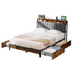 Platform Bed, Queen, Brown with Linen Upholstered Headboard