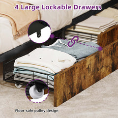Platform Bed, Queen, Brown with Linen Upholstered Headboard