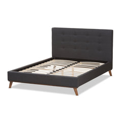 Platform Bed, Queen, Dark Gray Polyester Upholstery with Rubberwood Frame