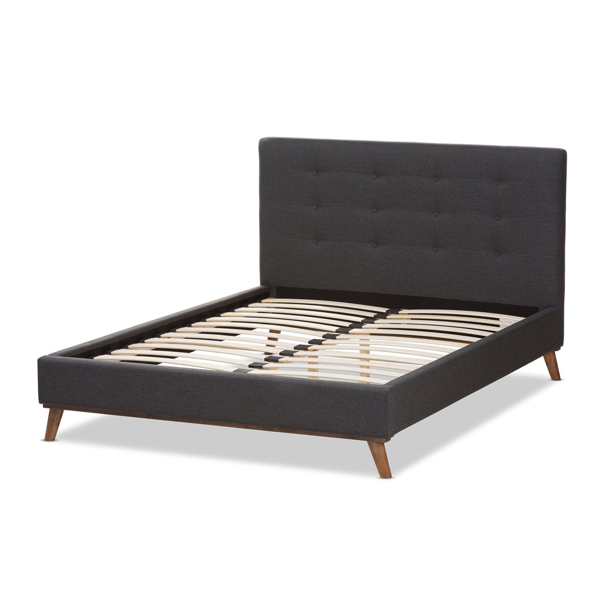 Platform Bed, Queen, Dark Gray Polyester Upholstery with Rubberwood Frame
