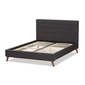 Platform Bed, Queen, Dark Gray Polyester Upholstery with Rubberwood Frame