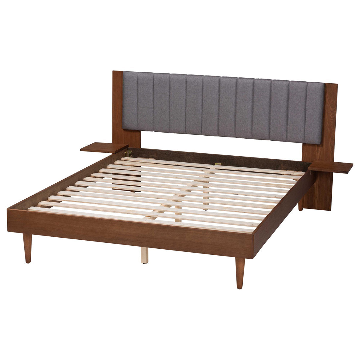 Platform Bed, Queen, Gray Upholstered Headboard with Built-In Shelves