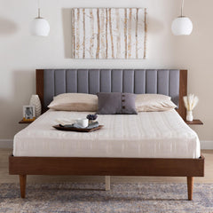 Platform Bed, Queen, Gray Upholstered Headboard with Built-In Shelves