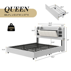Platform Bed, Queen, Light Gray Linen with Bookcase Headboard
