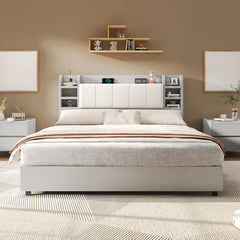 Platform Bed, Queen, Light Gray Linen with Bookcase Headboard
