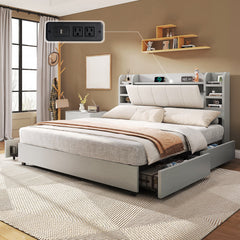 Platform Bed, Queen, Light Gray Linen with Bookcase Headboard