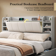 Platform Bed, Queen, Light Gray Linen with Bookcase Headboard