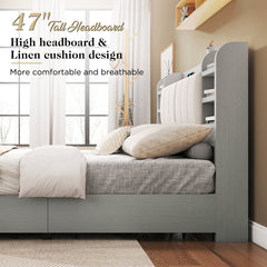 Platform Bed, Queen, Light Gray Linen with Bookcase Headboard