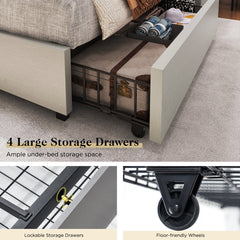Platform Bed, Queen, Light Gray Linen with Bookcase Headboard