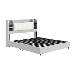 Platform Bed, Queen, Light Gray Linen with Bookcase Headboard