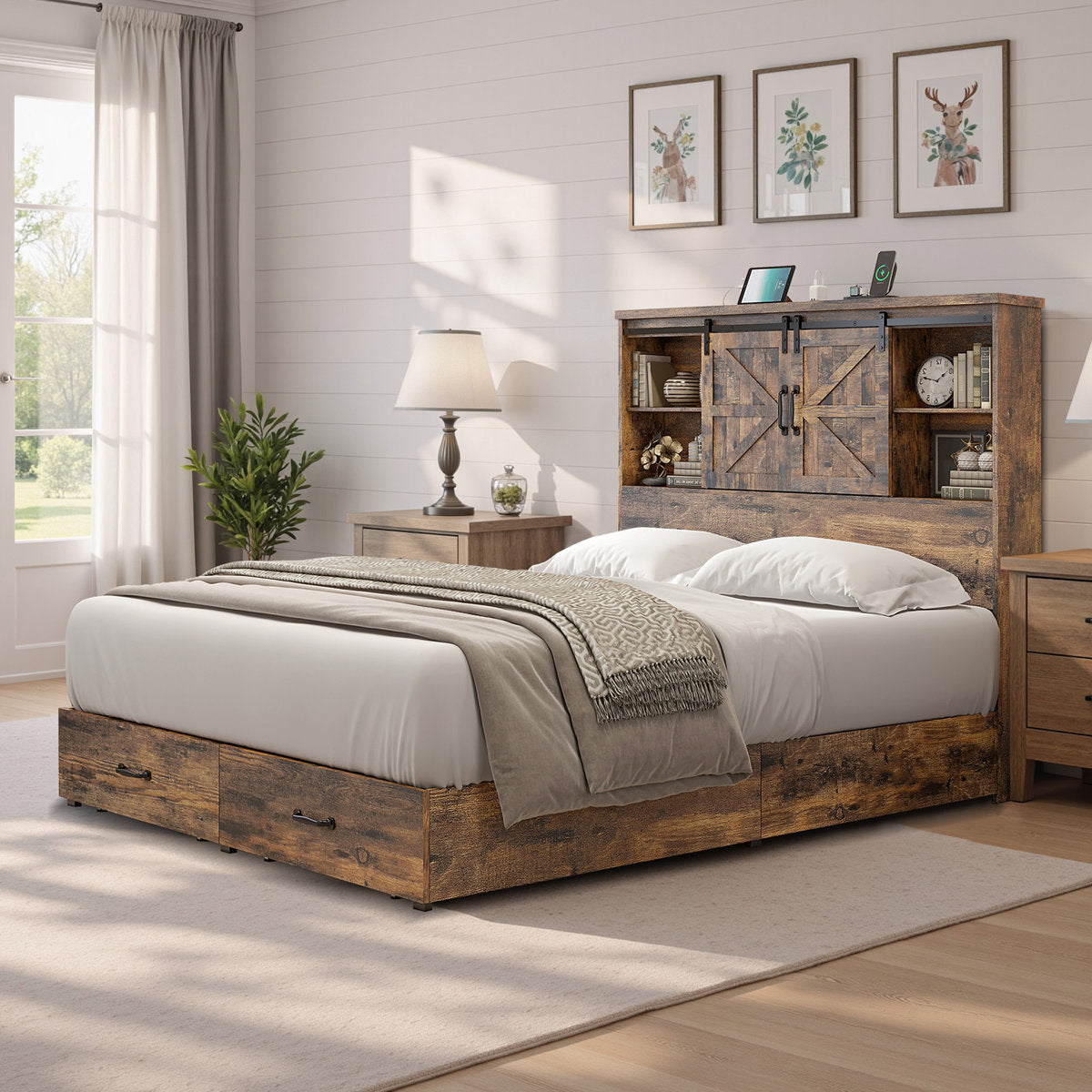 Platform Bed, Queen Size in Rustic Brown