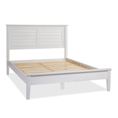 Platform Bed, Queen, Solid Pine with Louvered Headboard in Brushed White