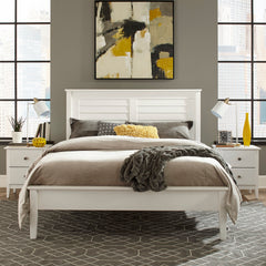 Platform Bed, Queen, Solid Pine with Louvered Headboard in Brushed White