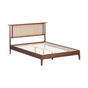 Platform Bed, Queen, Solid Wood with Handwoven Rattan Headboard, Rattan Walnut