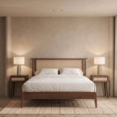 Platform Bed, Queen, Solid Wood with Handwoven Rattan Headboard, Rattan Walnut