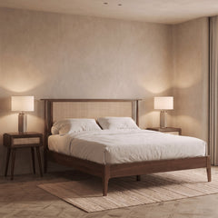 Platform Bed, Queen, Solid Wood with Handwoven Rattan Headboard, Rattan Walnut