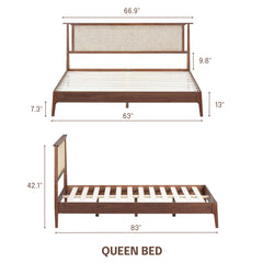 Platform Bed, Queen, Solid Wood with Handwoven Rattan Headboard, Rattan Walnut