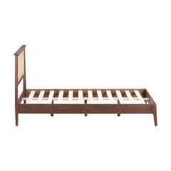 Platform Bed, Queen, Solid Wood with Handwoven Rattan Headboard, Rattan Walnut