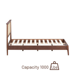 Platform Bed, Queen, Solid Wood with Handwoven Rattan Headboard, Rattan Walnut