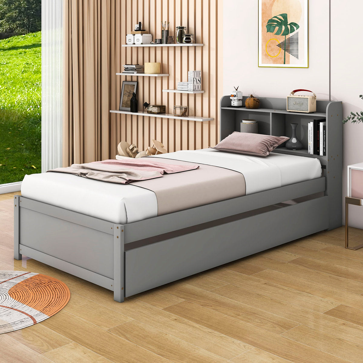 Platform Bed, Twin Size, Gray with Shelf Headboard