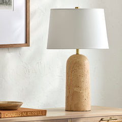 Plug-In Lamp with Stone Base and Linen Shade