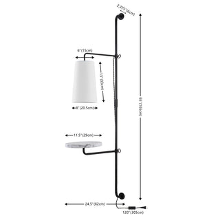 Plug-In Swing Arm Sconce with White Cotton Shade and Black Metal Frame