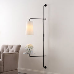 Plug-In Swing Arm Sconce with White Cotton Shade and Black Metal Frame
