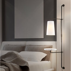Plug-In Swing Arm Sconce with White Cotton Shade and Black Metal Frame