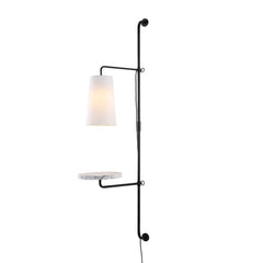 Plug-In Swing Arm Sconce with White Cotton Shade and Black Metal Frame