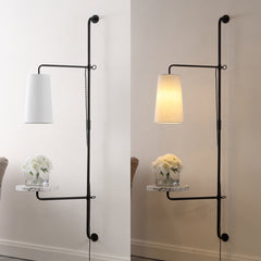 Plug-In Swing Arm Sconce with White Cotton Shade and Black Metal Frame