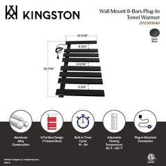 Plug-In Towel Warmer, Metzinger, Wall Mount with 8 Bars in Matte Black