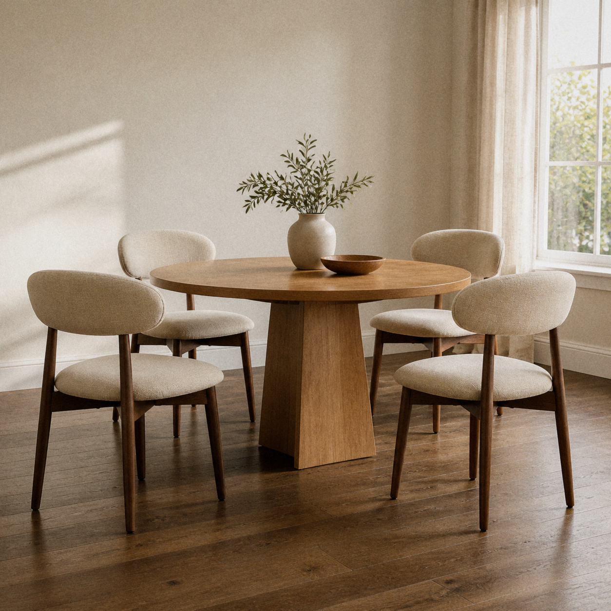 In a room | four matching beige woven dining chairs pulled up to a round table in a warm plaster dining room, window at right