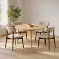 In a room | the set of four in a light oak dining room, soft morning sidelight from the left window
