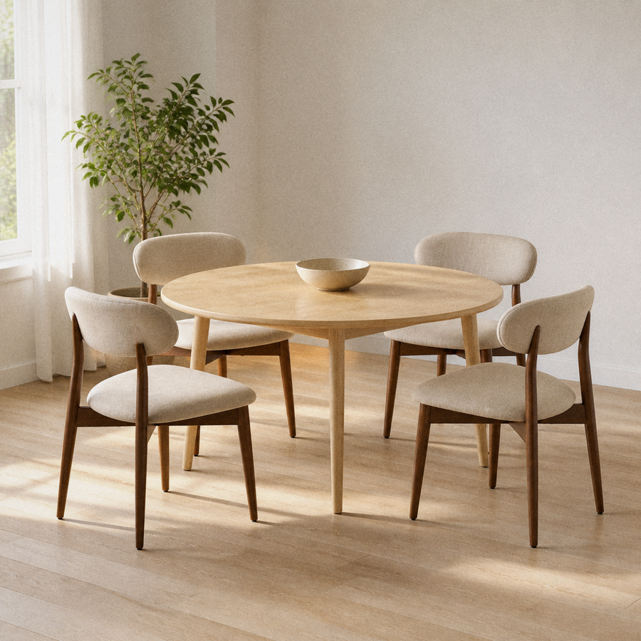In a room | the set of four in a light oak dining room, soft morning sidelight from the left window