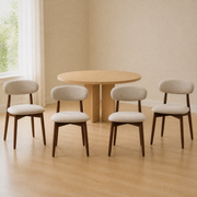 In a room | the set of four in a bright flax-toned dining room, midday light from the left window