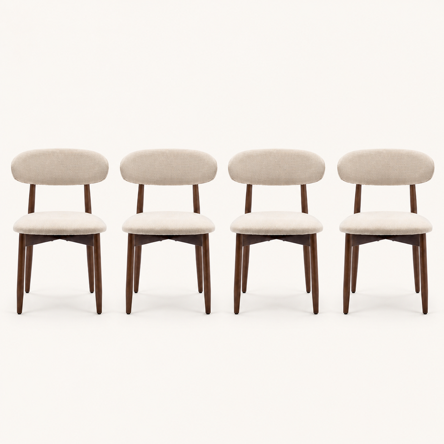 Front | all four beige woven dining chairs centered on paper, oval backs and warm-brown tapered legs
