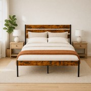 Airy room | Front view in a bright bedroom with oak nightstands, a leafy plant, white curtains, and the bed frame