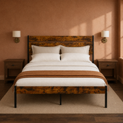 Clay room | Front view in a warm clay-toned room with brass sconces, dark nightstands, and the bed frame