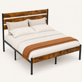 Detail | Close studio view of the wood slats, black metal posts, mattress, and footboard