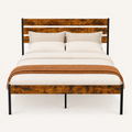 Front | Straight-on studio view of the bed frame with wood headboard slats, matching footboard, and black metal posts