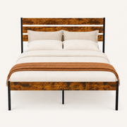 Front | Straight-on studio view of the bed frame with wood headboard slats, matching footboard, and black metal posts