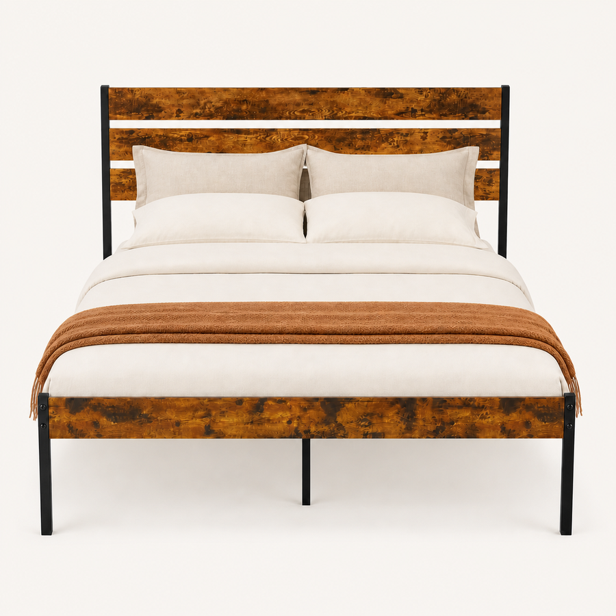 Front | Straight-on studio view of the bed frame with wood headboard slats, matching footboard, and black metal posts