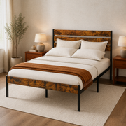 Angle | Three-quarter staged bedroom view showing the wood headboard, footboard, black side rail, and under-bed space