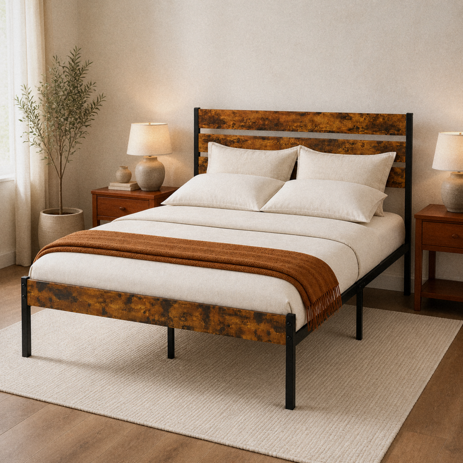 Angle | Three-quarter staged bedroom view showing the wood headboard, footboard, black side rail, and under-bed space
