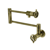 Pot Filler Faucet, Fuller, Two-Handle Wall Mount in Antique Brass