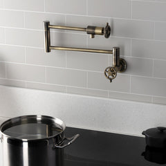 Pot Filler Faucet, Fuller, Two-Handle Wall Mount in Antique Brass