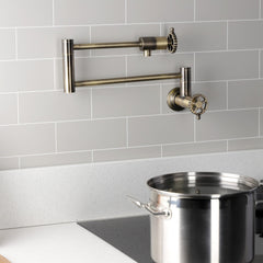 Pot Filler Faucet, Fuller, Two-Handle Wall Mount in Antique Brass