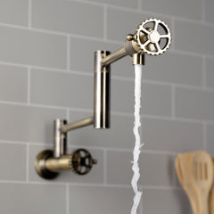 Pot Filler Faucet, Fuller, Two-Handle Wall Mount in Antique Brass