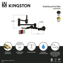 Pot Filler Faucet, Kaiser, Two-Handle Wall Mount in Matte Black