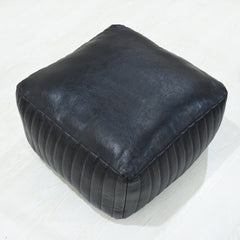 Pouf, 21-Inch Square, Black Genuine Leather